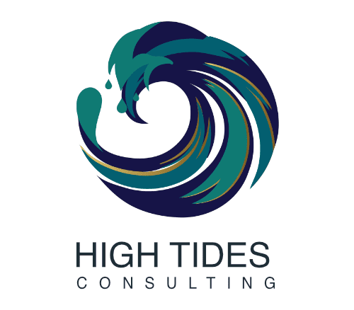 The logo for High Tides Consulting is a digital image of a tidal wave swirling and preparing to splash down.